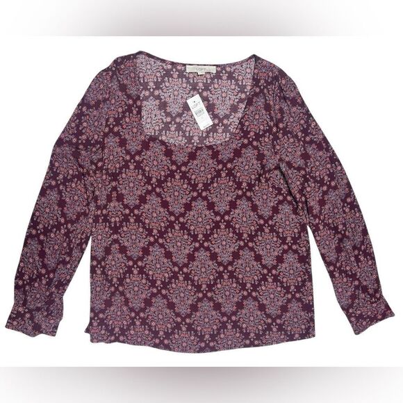 NWT LOFT Burgundy Floral Long Sleeve Blouse Scoop Neck Size Large Flowers - Picture 1 of 7